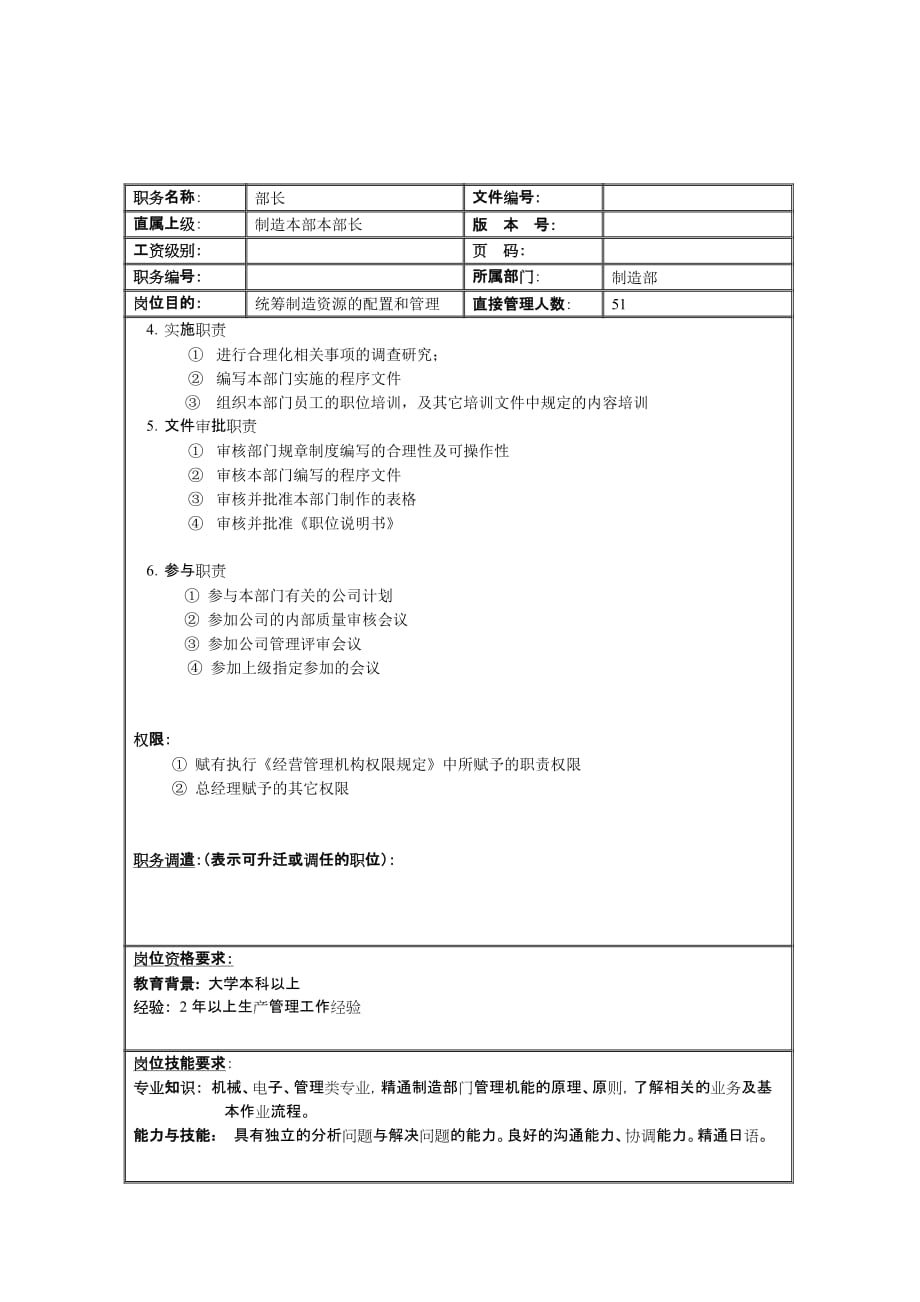 （岗位职责）制造部部长岗位说明书_第3页