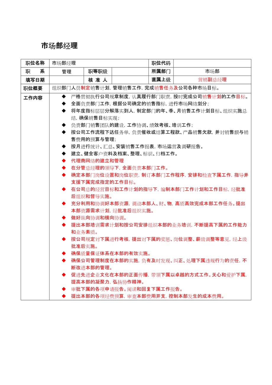 （岗位职责）某企业市场部经理岗位职责_第1页