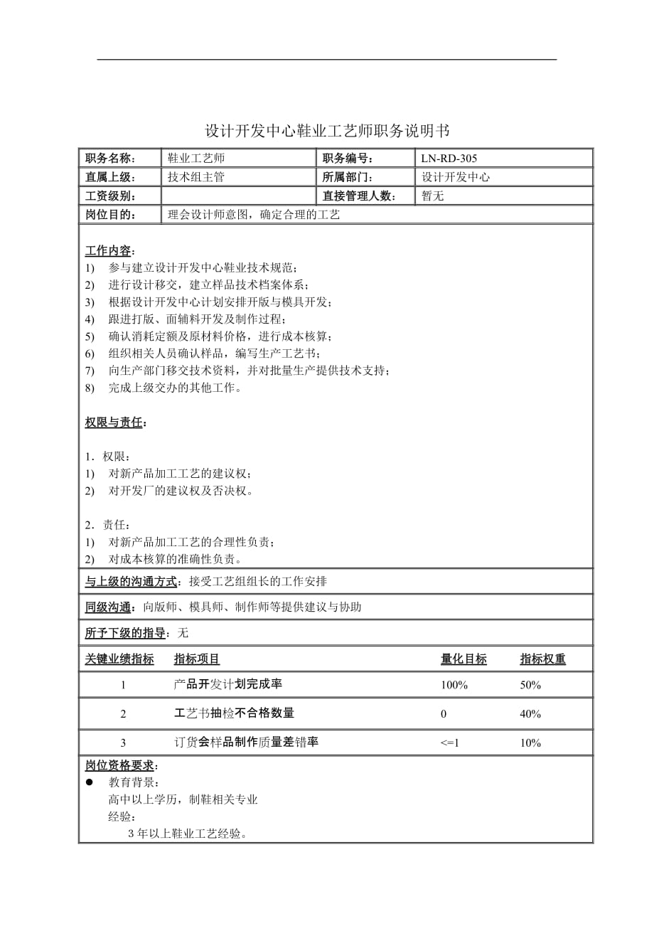 （岗位职责）设计开发中心鞋业工艺师职务说明书_第1页