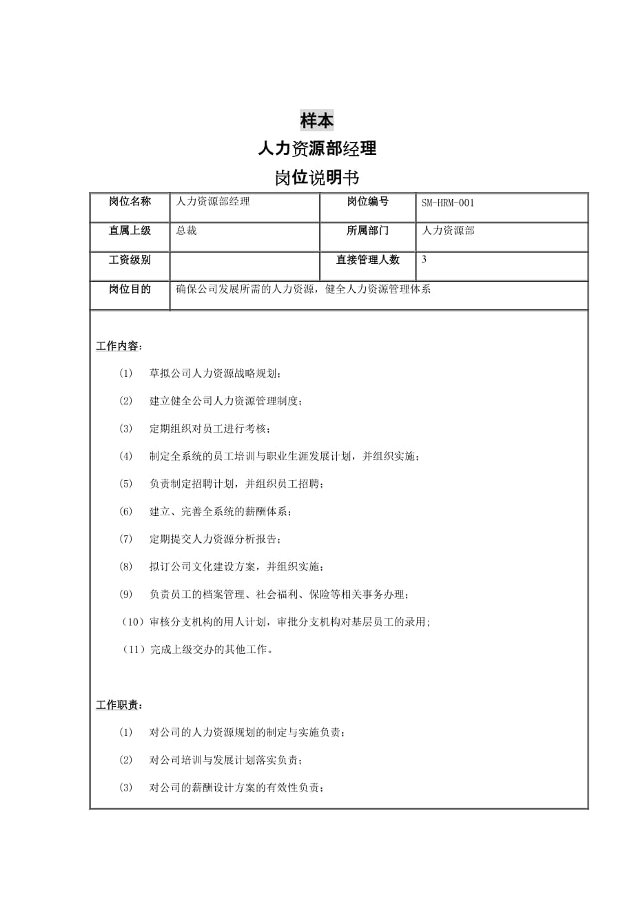 （岗位职责）人力资源部经理岗位说明书_第1页