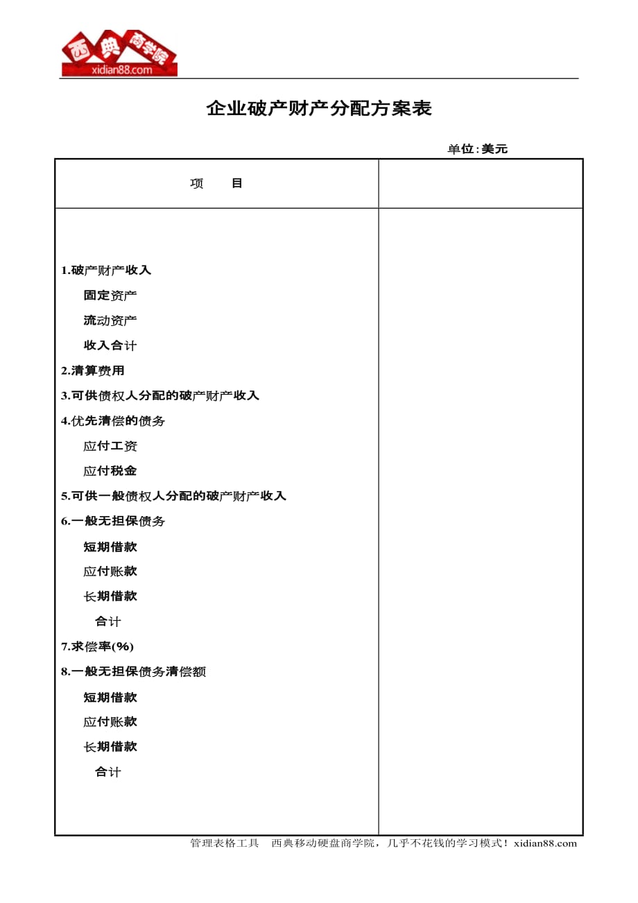 （企业管理套表）企业破产财产分配方案表_第1页