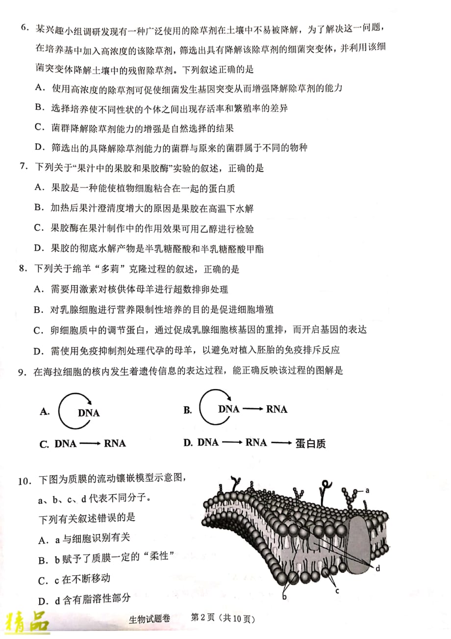 浙江省绍兴市2020届高三生物上学期11月选考科目诊断性考试试题_第2页