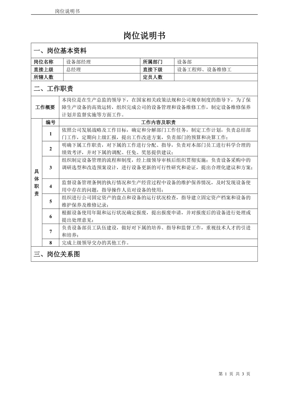 （设备管理）设备部经理岗位说明书_第1页