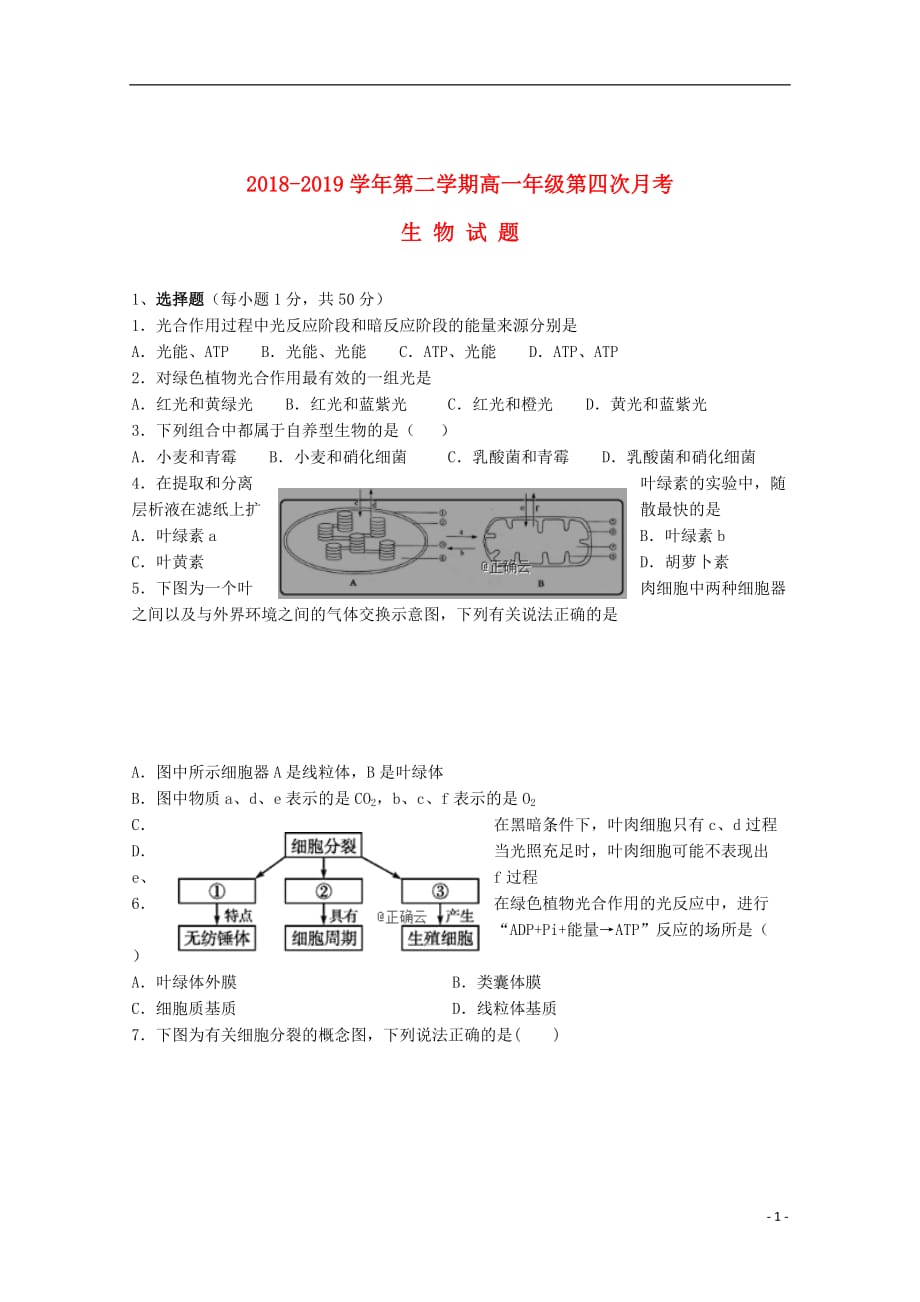 山西省朔州市怀仁某校2018_2019学年高一生物下学期第四次月考试题_第1页