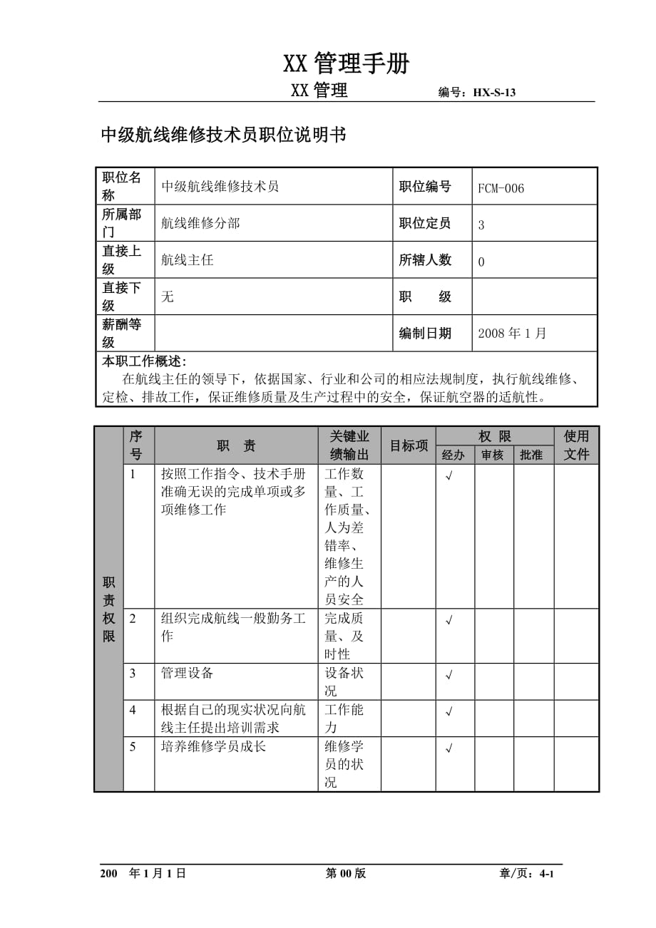 （技术规范标准）物流公司中级航线维修技术员职位说明书及关键绩效标准_第1页