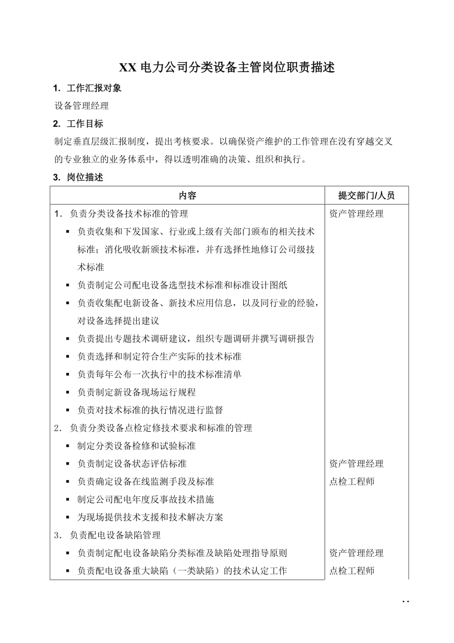 （电力行业）电力公司分类设备主管岗位职责描述_第1页