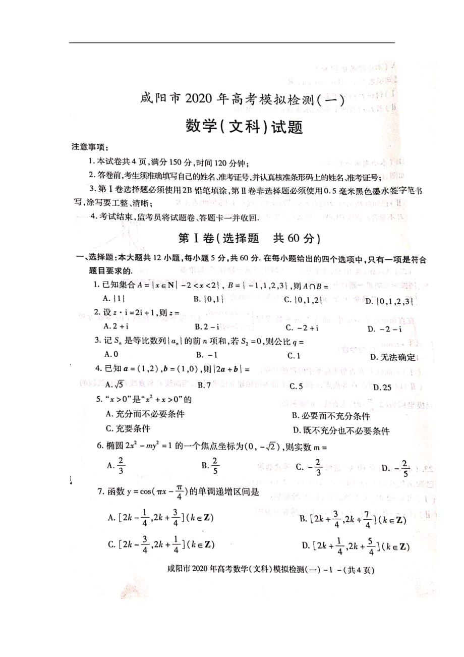 陕西省咸阳市2020届高三上学期模拟检测一（期末考试）数学（文）试题_第1页