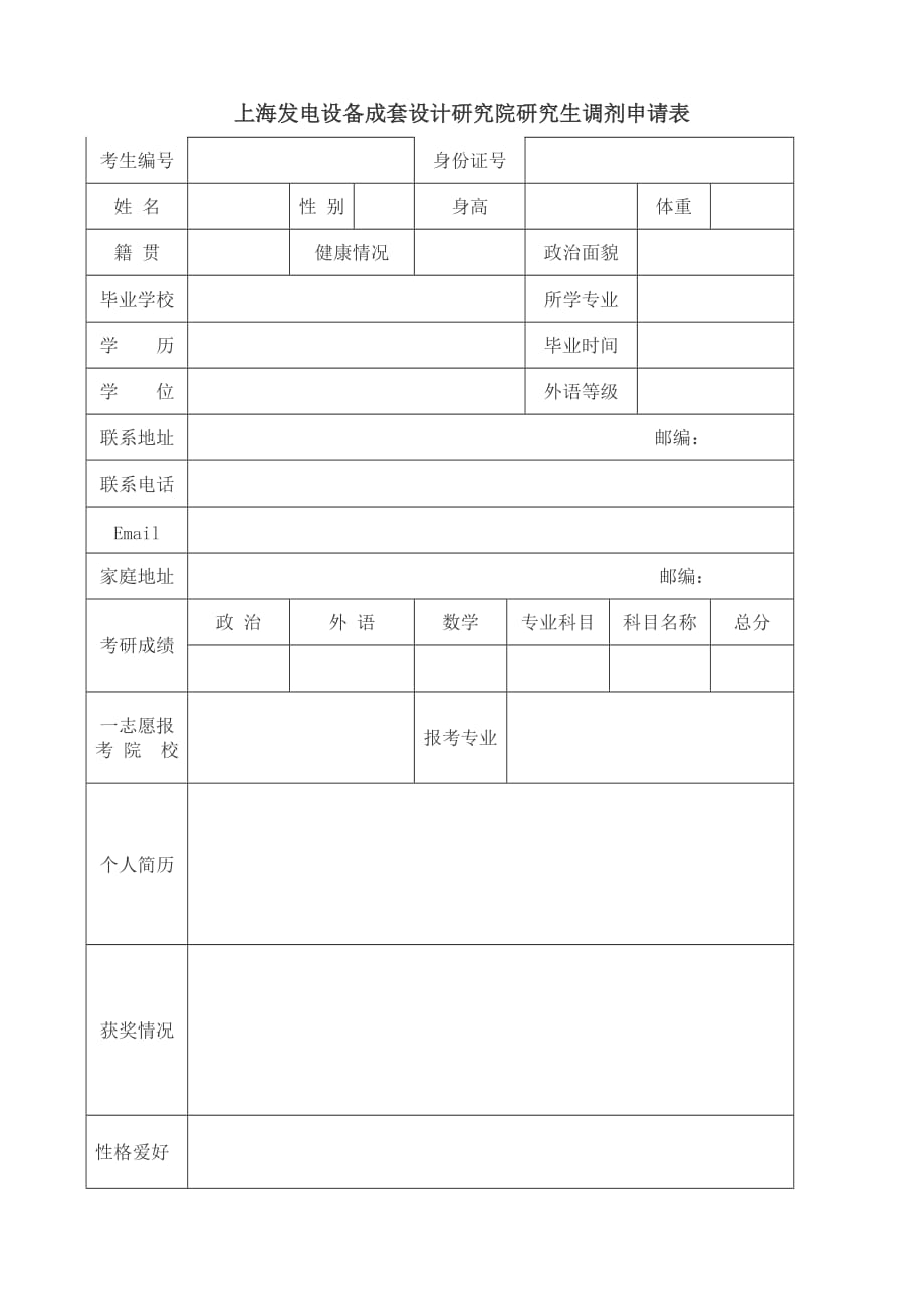 （设备管理）上海发电设备成套设计研究院研究生调剂申请表_第1页