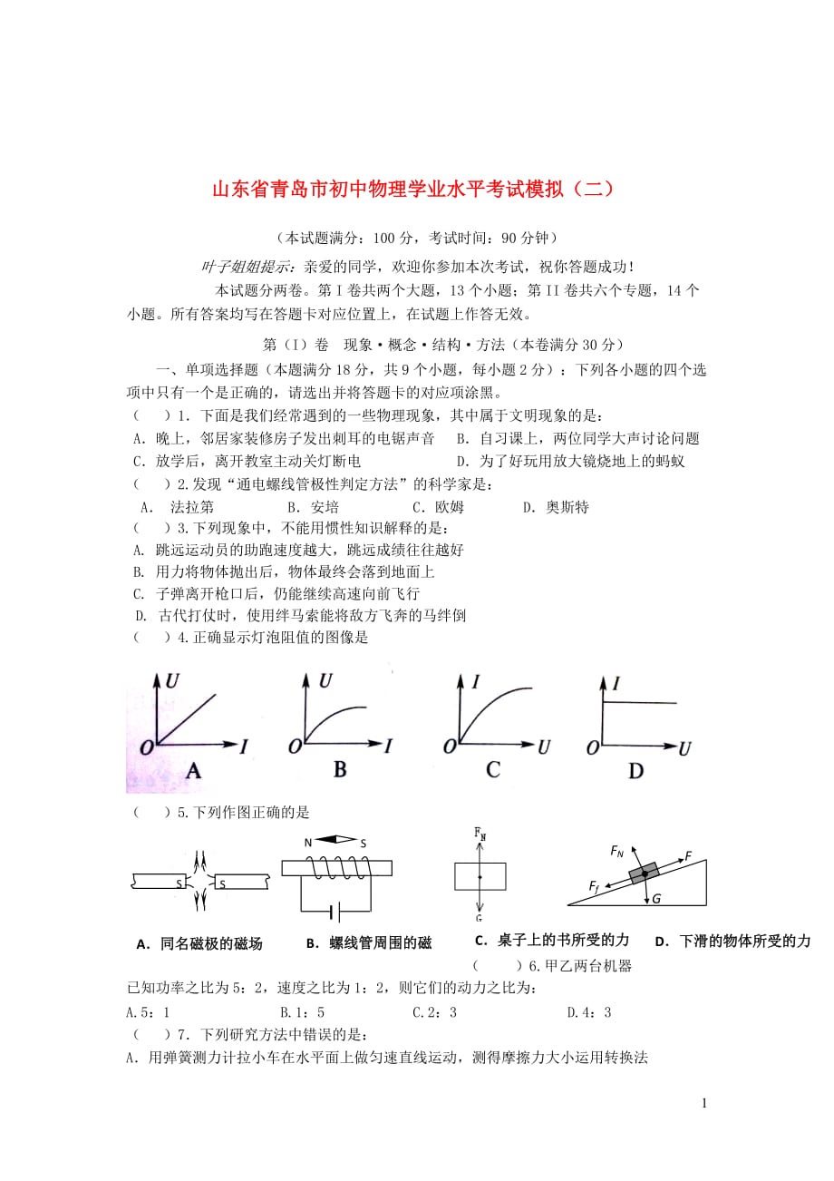山东省青岛市初中物理学业水平考试模拟（二）（无答案）_第1页