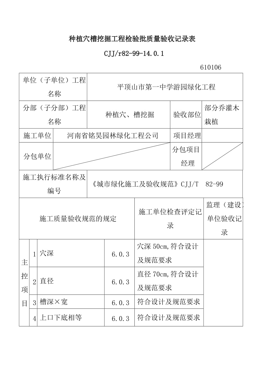 种植穴槽挖掘工程检验批质量验收记录表_第1页