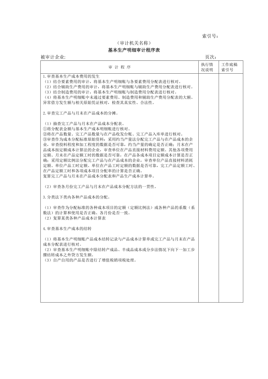 （生产制度表格）费用等W基本生产成本明细审计程序表_第1页