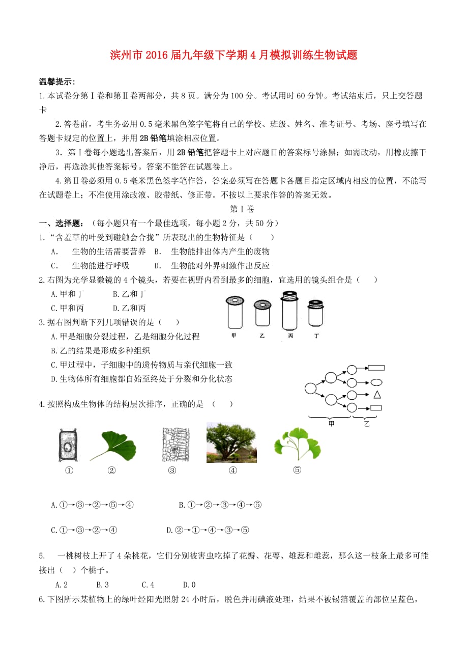 山东省滨州市2016届九年级生物下学期4月模拟训练试题_第1页