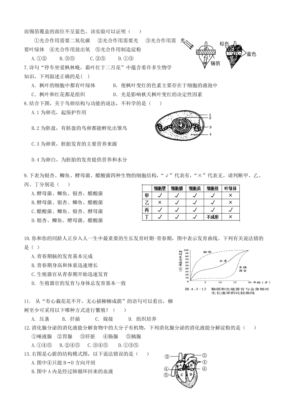 山东省滨州市2016届九年级生物下学期4月模拟训练试题_第2页