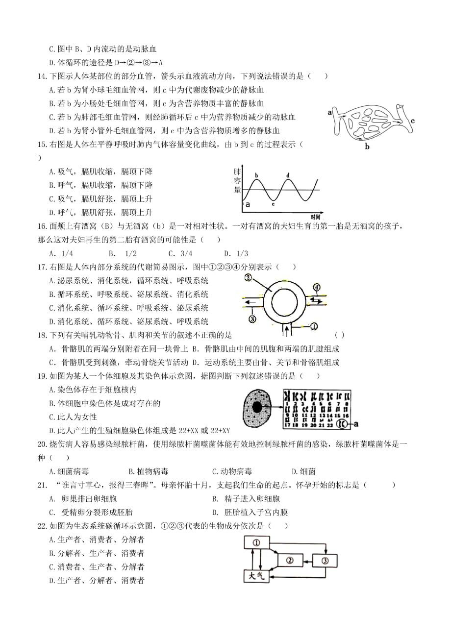 山东省滨州市2016届九年级生物下学期4月模拟训练试题_第3页