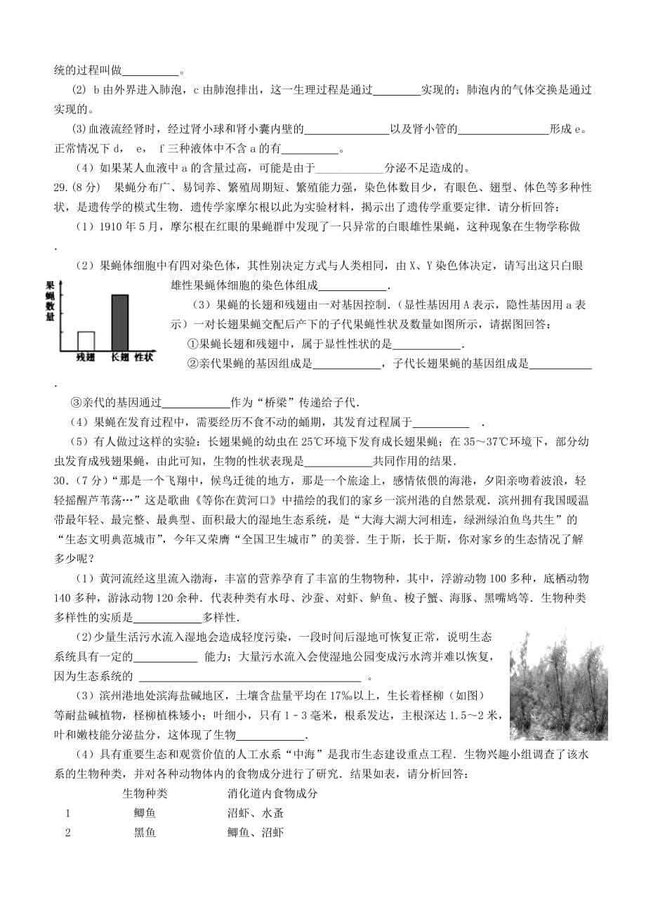 山东省滨州市2016届九年级生物下学期4月模拟训练试题_第5页