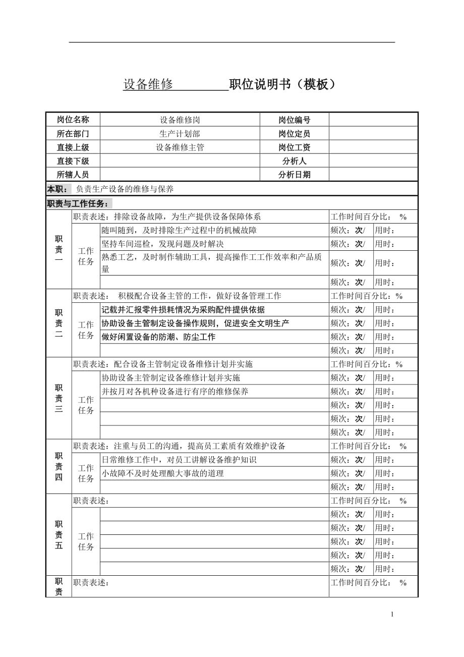 （服装生产管理）某服装生产企业生产部机修工职位说明书_第1页