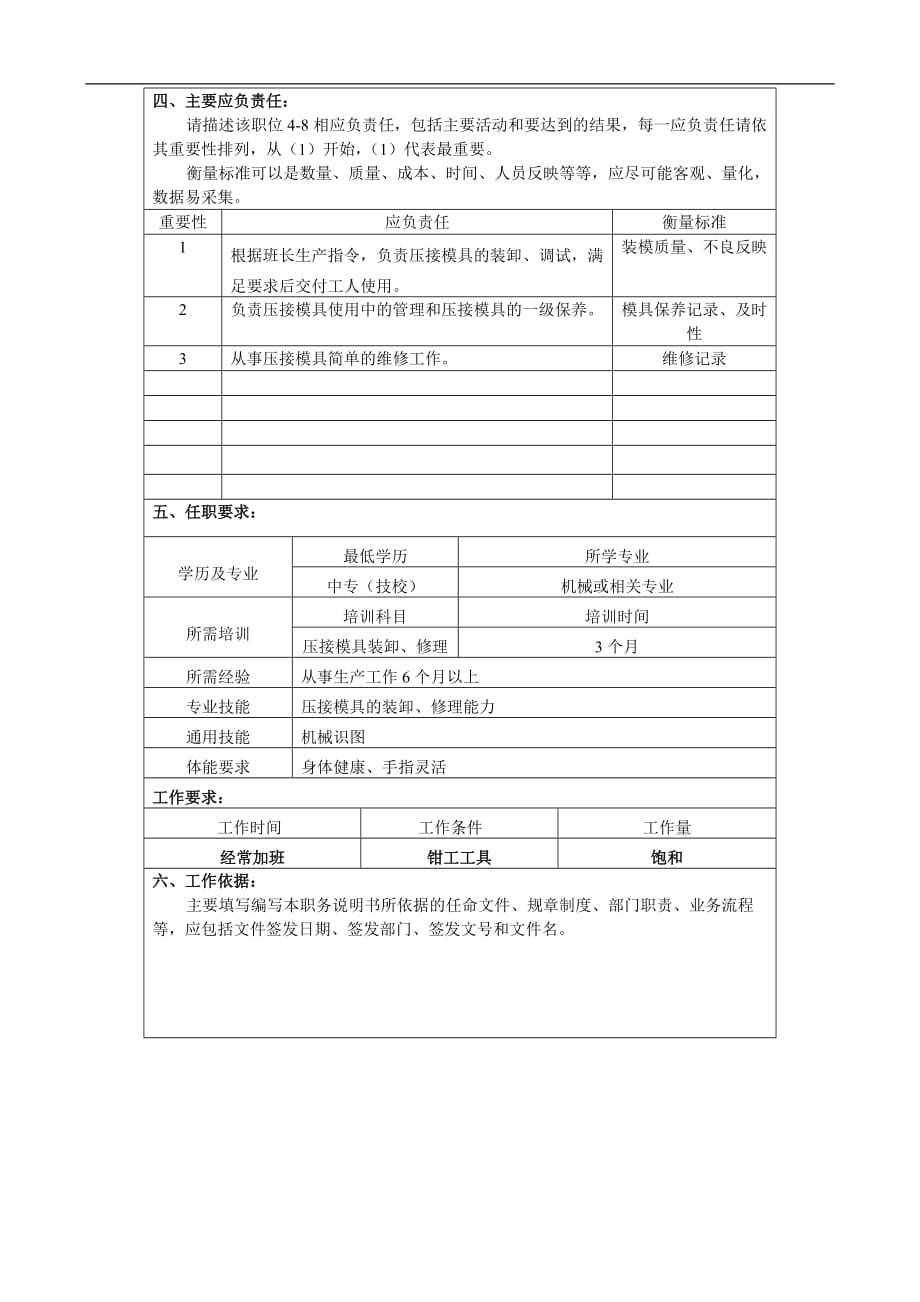 （现场管理）某大型汽车零部件公司总装车间装模工(压接模具)职位说明书_第2页