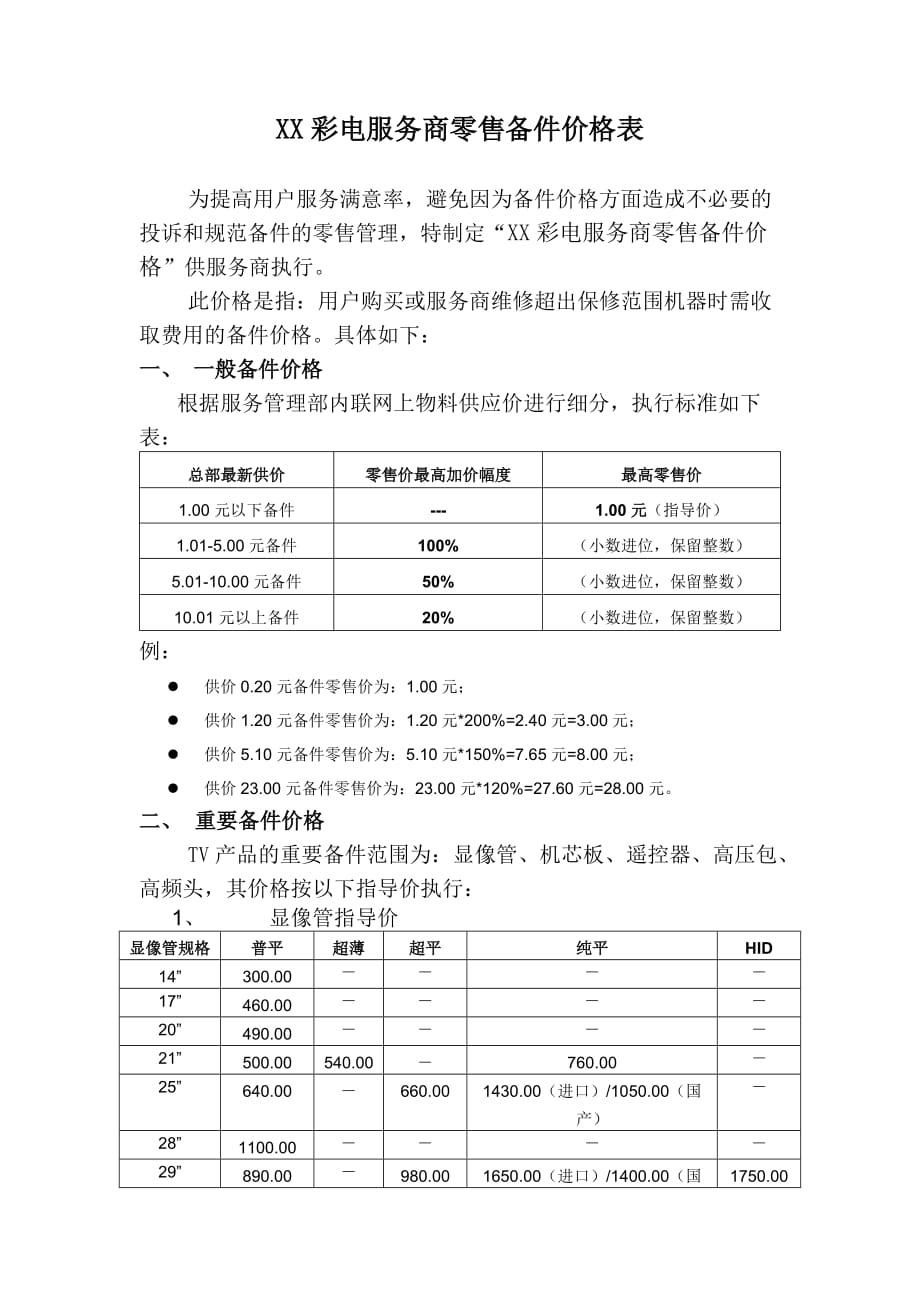 （售后服务）服务商维修用备件价格表_第1页