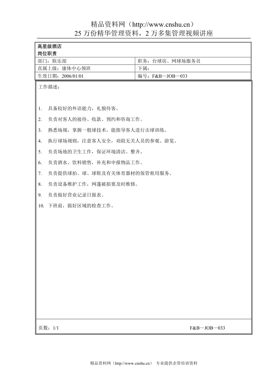 （售后服务）娱乐部台球房网球场服务员岗位职责_第1页