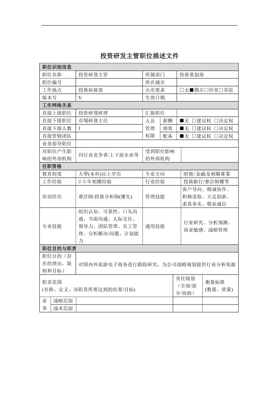 （投资管理）投资研發主管岗位说明书_第1页