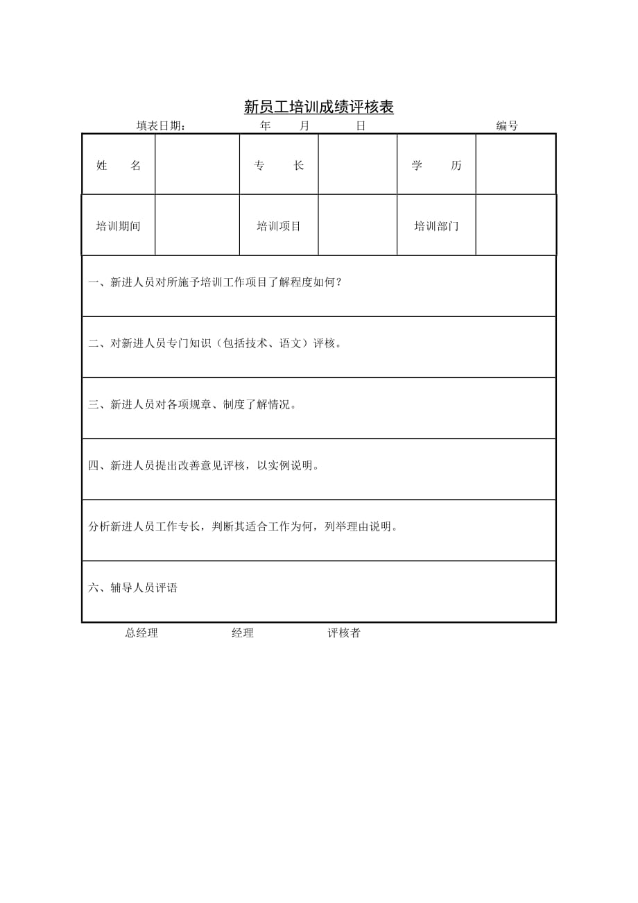 （新员工管理）第二节新员工培训成绩评核表_第1页