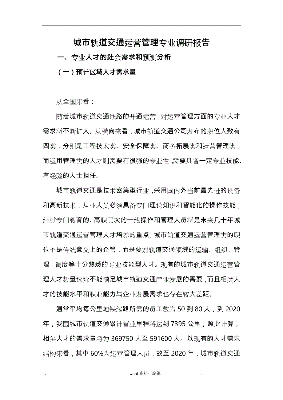 城市轨道交通运营管理专业人才需求调研报告书_第1页