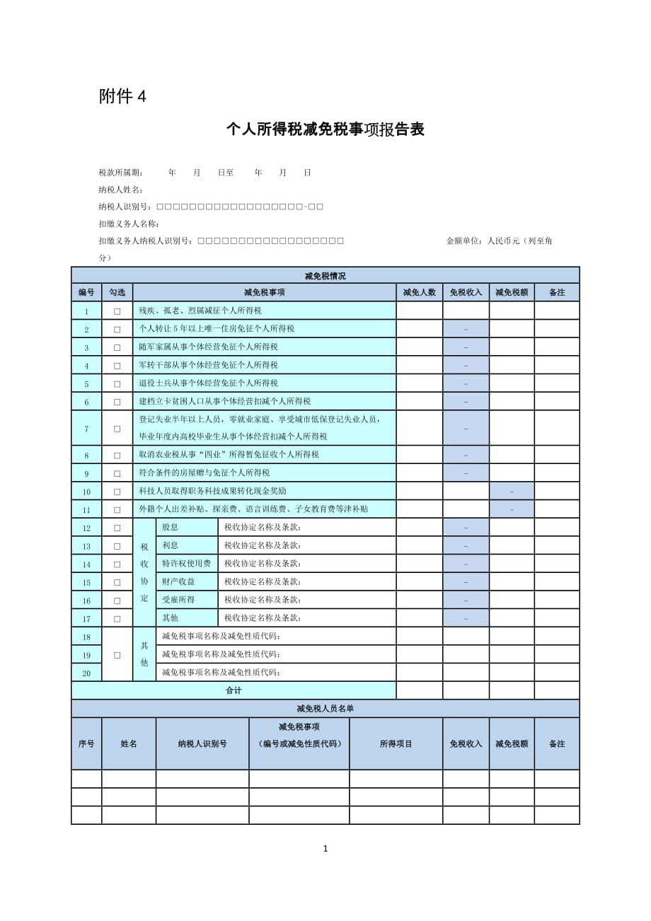 个人所得税减免税事项报告表2020年版_第1页