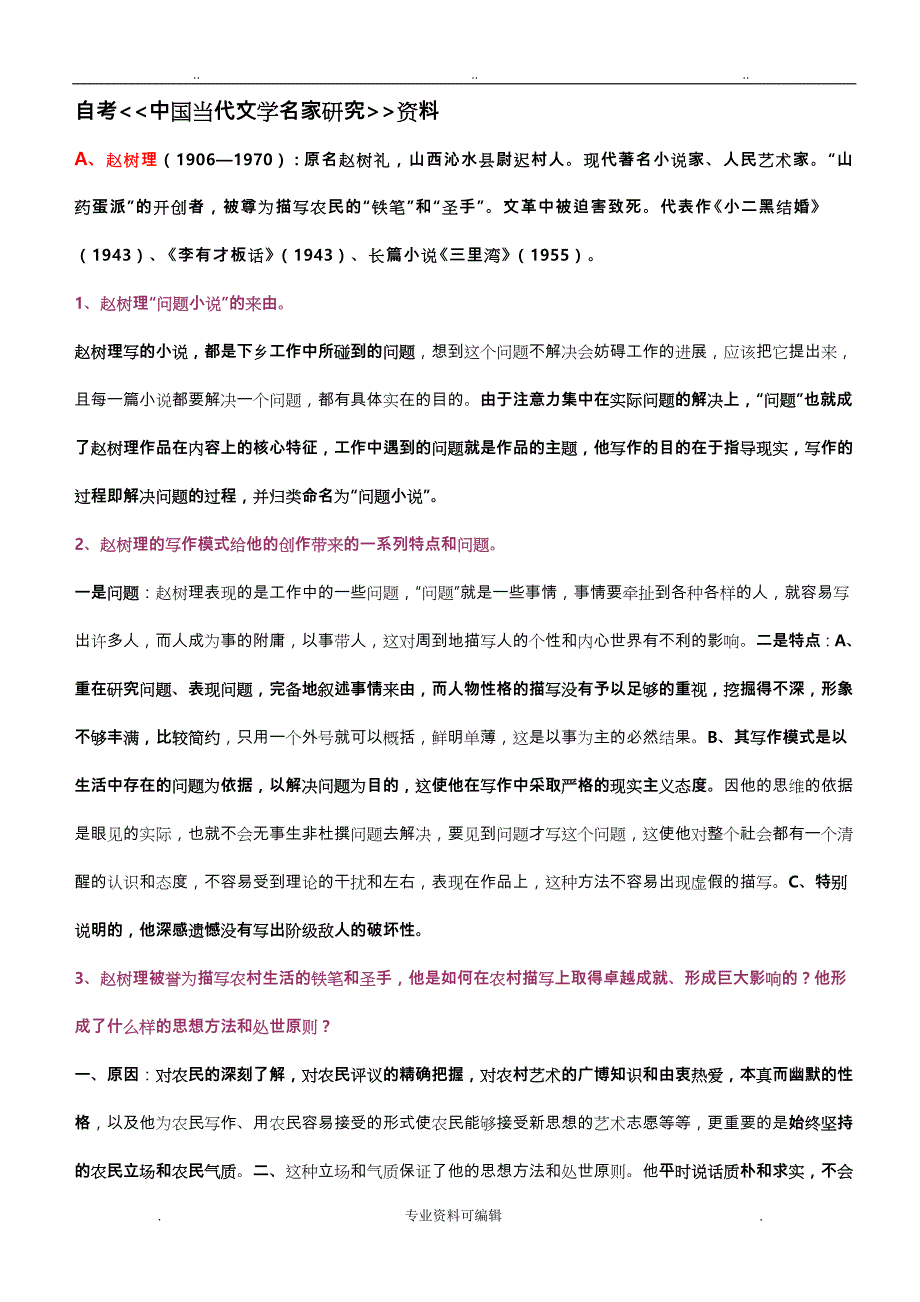 自考《中国当代文学名家研究》资料全_第1页