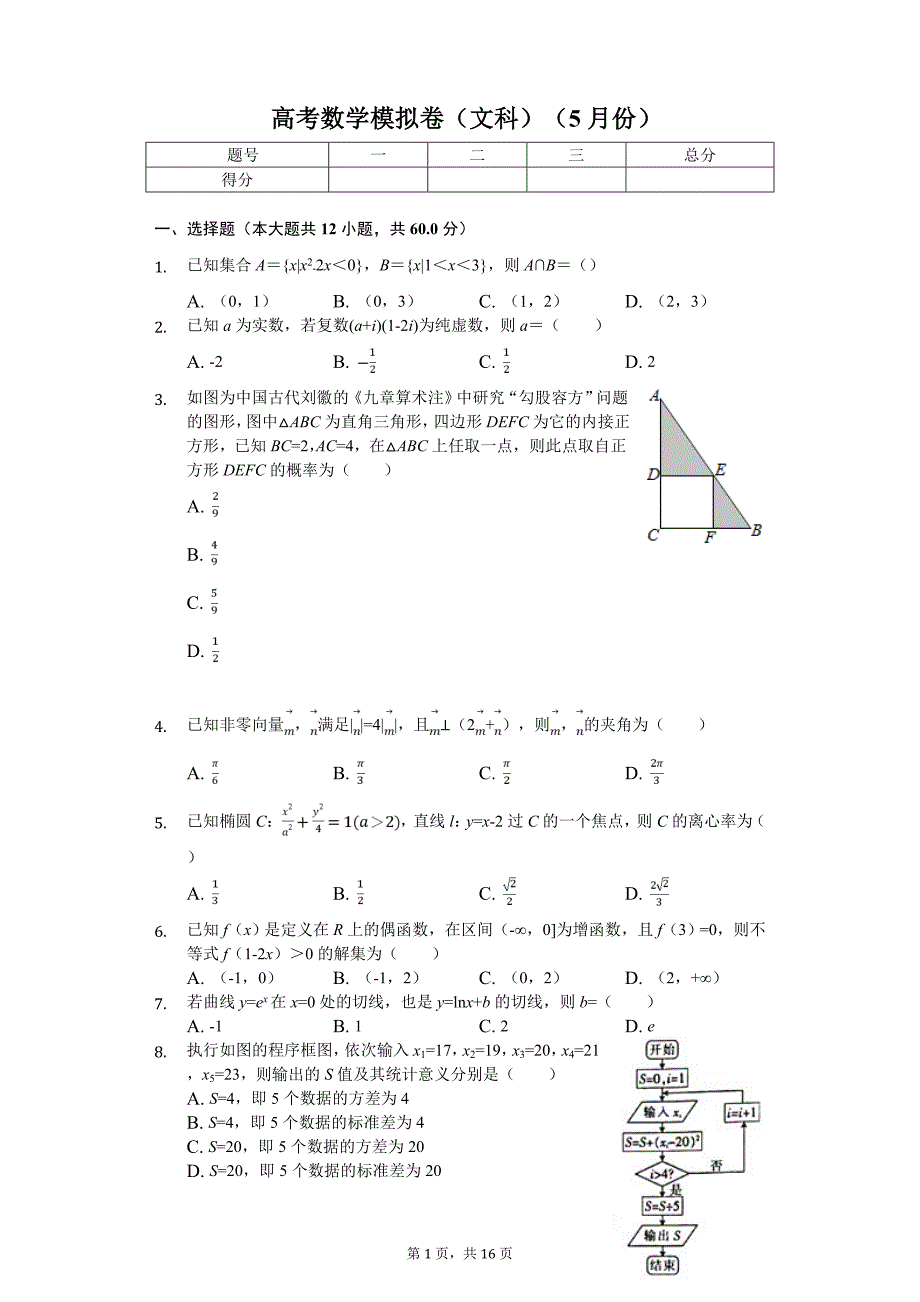 广东省东莞市高考数学模拟卷（文科）（5月份）_第1页
