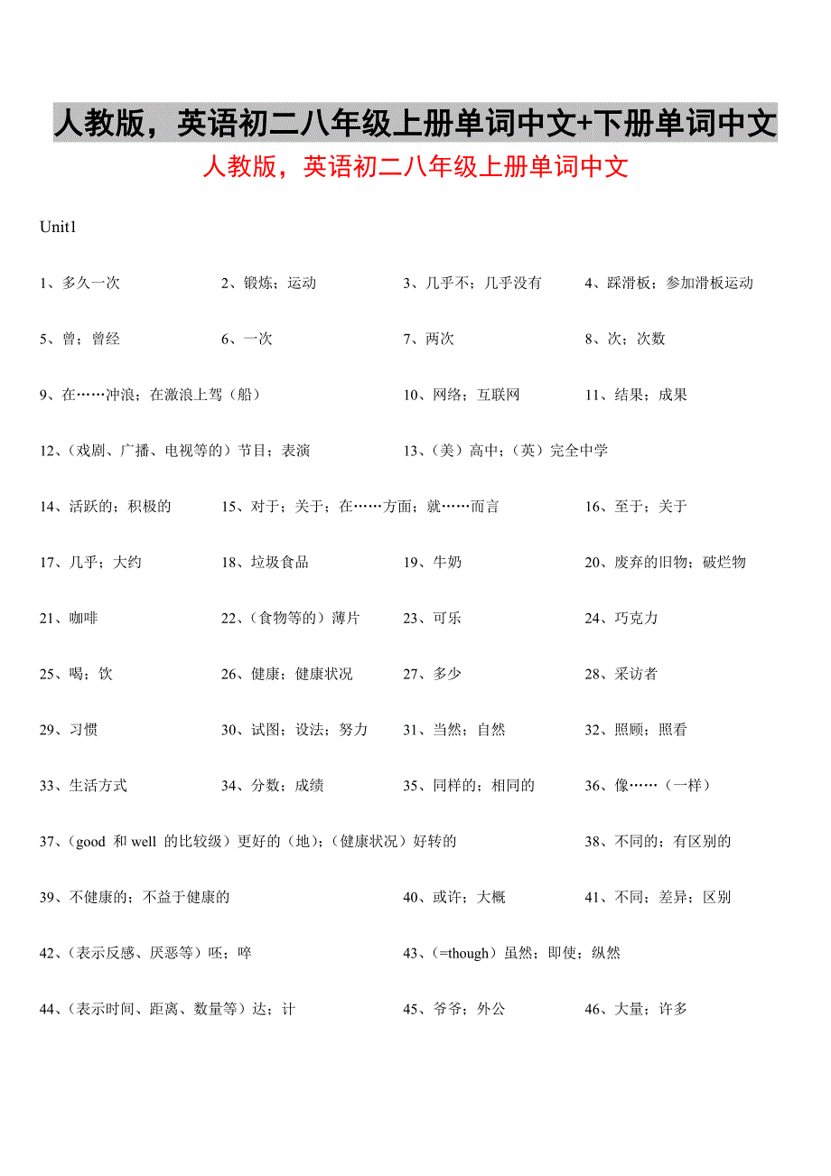 人教版英语初二八年级上册单词中文+下册单词中文_第1页