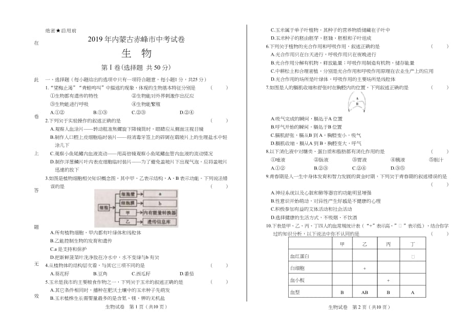 2019年内蒙古赤峰中考生物试卷含答案_第1页