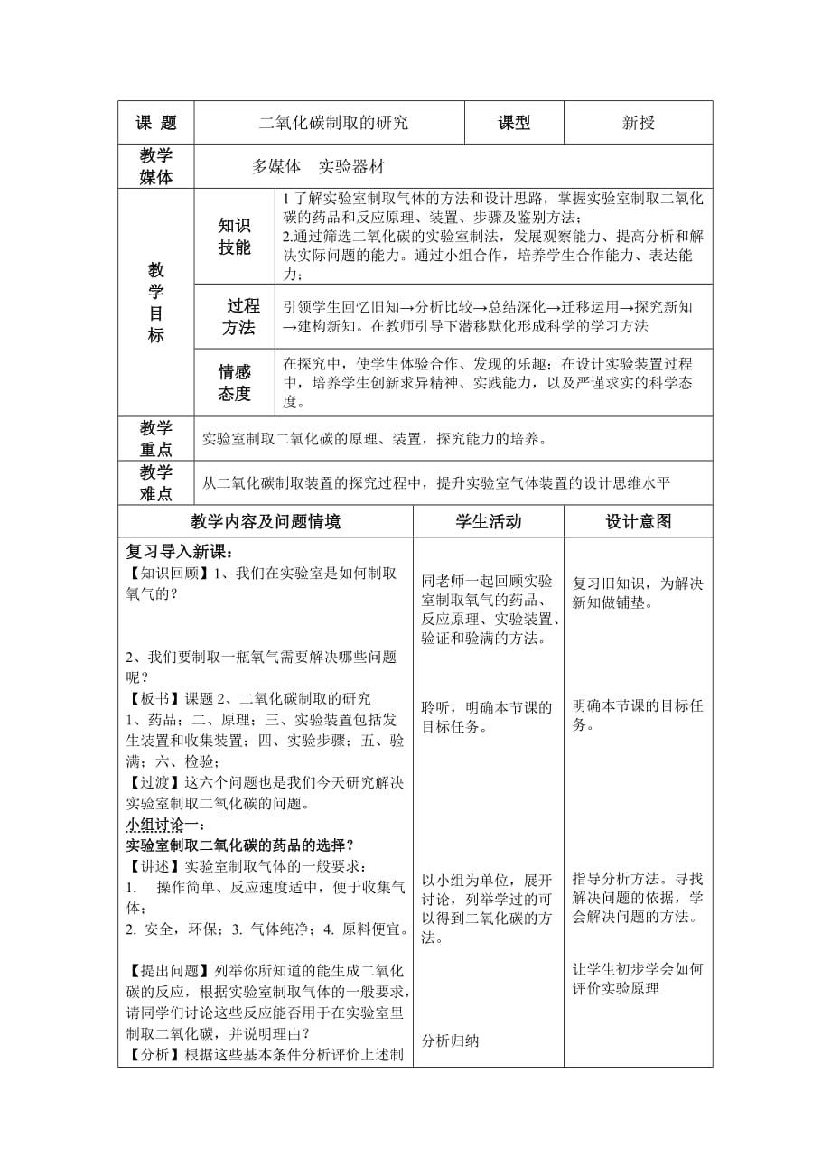 二氧化碳制取的研究教学设计_第1页