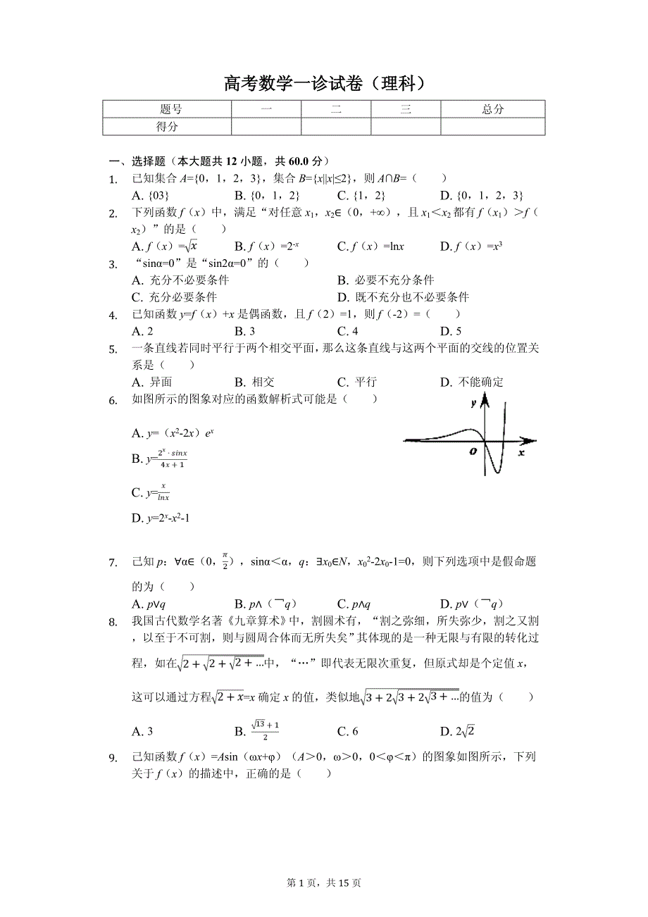 四川省泸州市高考数学一诊试卷（理科）解析版_第1页