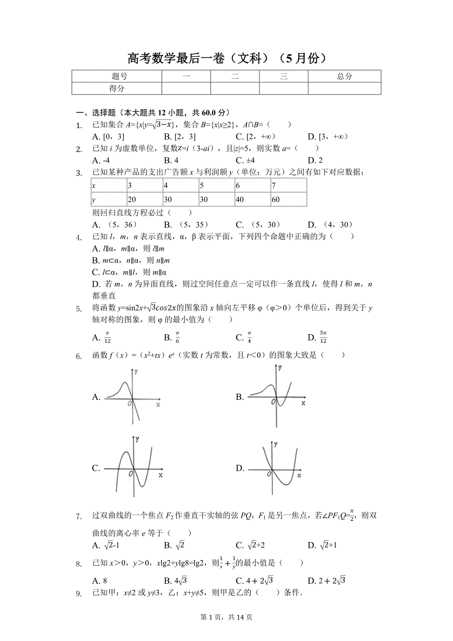 高考数学最后一卷（文科）（5月份）解析版_第1页