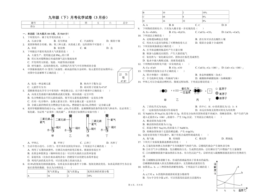 扬州市九年级（下）月考化学试卷（3月份）解析版_第1页