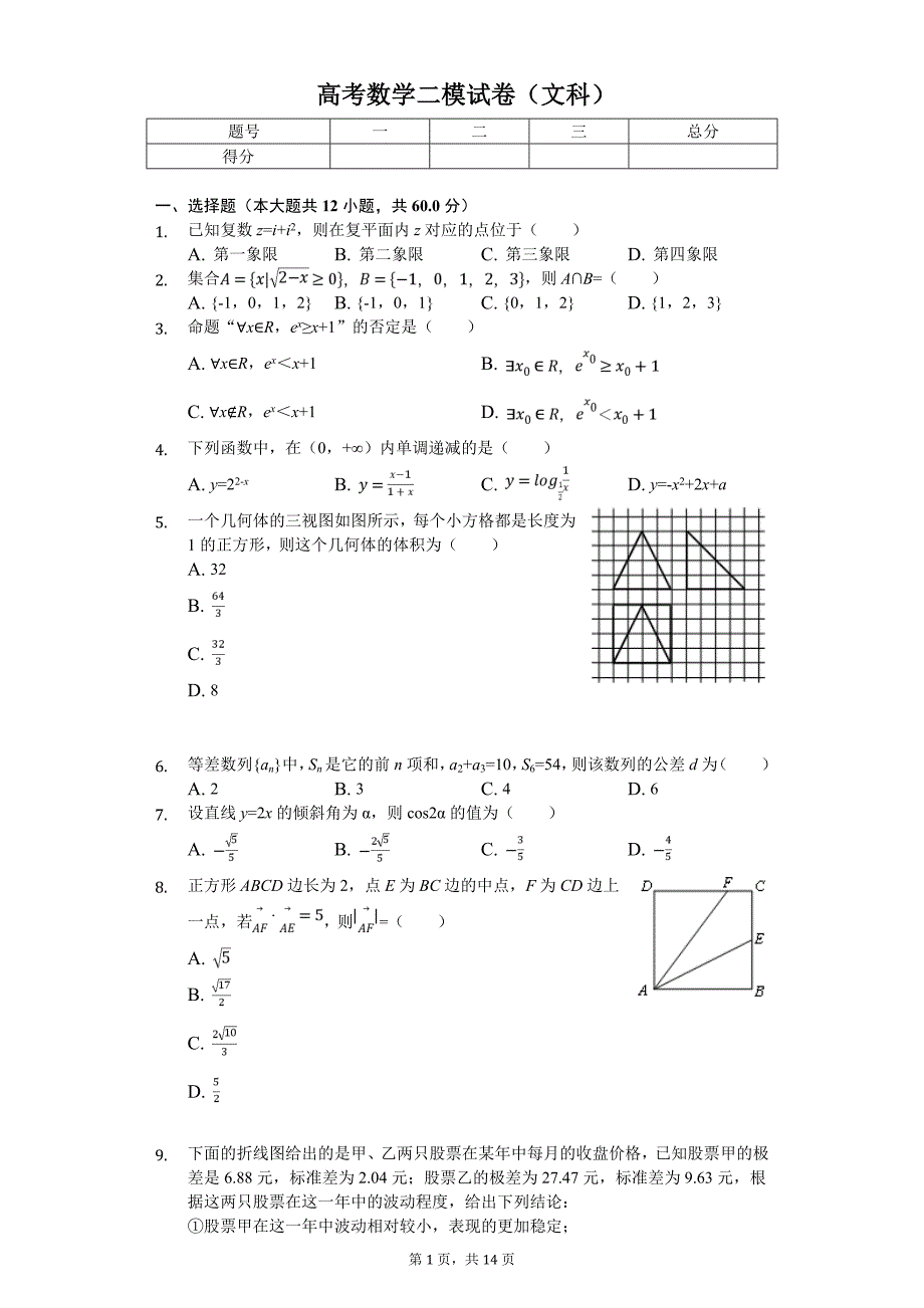 吉林省长春市高考数学二模试卷（文科）_第1页