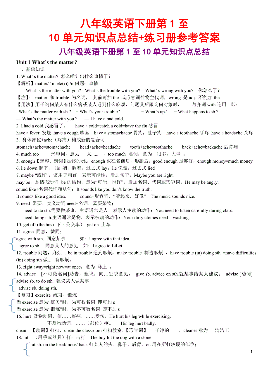 八年级英语下册第1至第10单元知识点总结+练习册参考答案_第1页