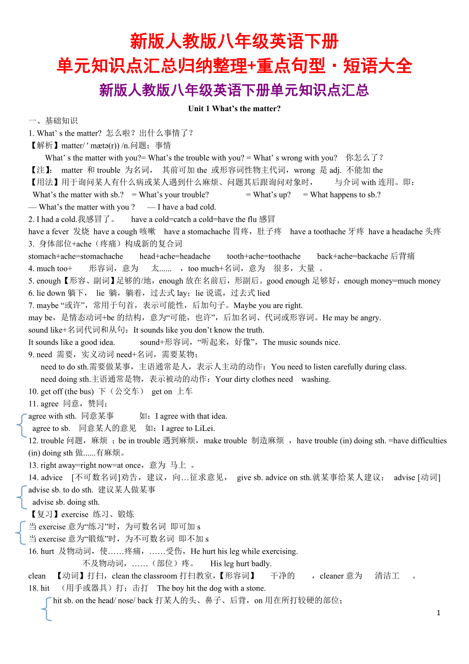 新版人教版八年级英语下册单元知识点汇总归纳整理+重点句型·短语大全_第1页