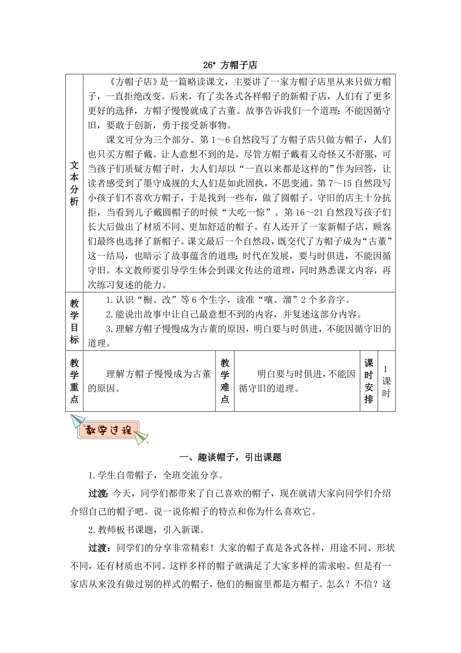 三年级下册语文教案26 方帽子店 人教部编版_第1页