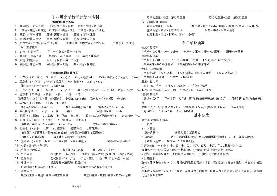 [强烈推荐]小学六年级数学总复习资料全_第1页