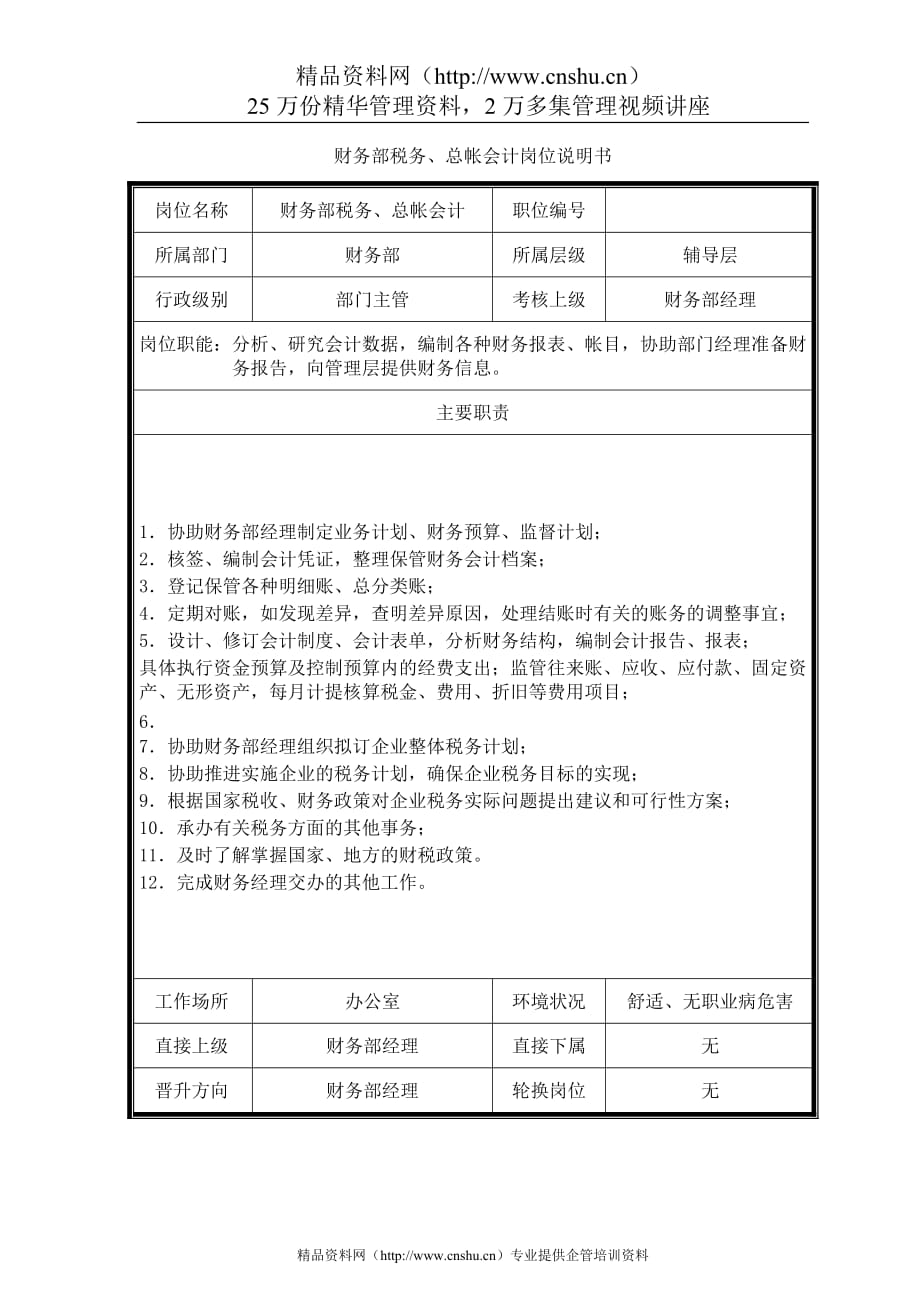 （财务会计）财务部税务、总帐会计岗位说明书_第1页