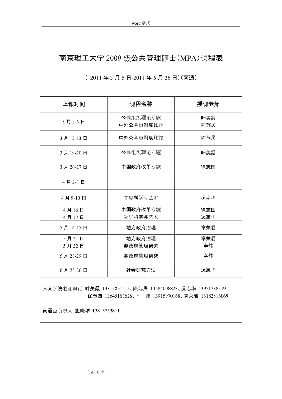 南京理工大学2009级公共管理硕士(MPA)课程表_第4页