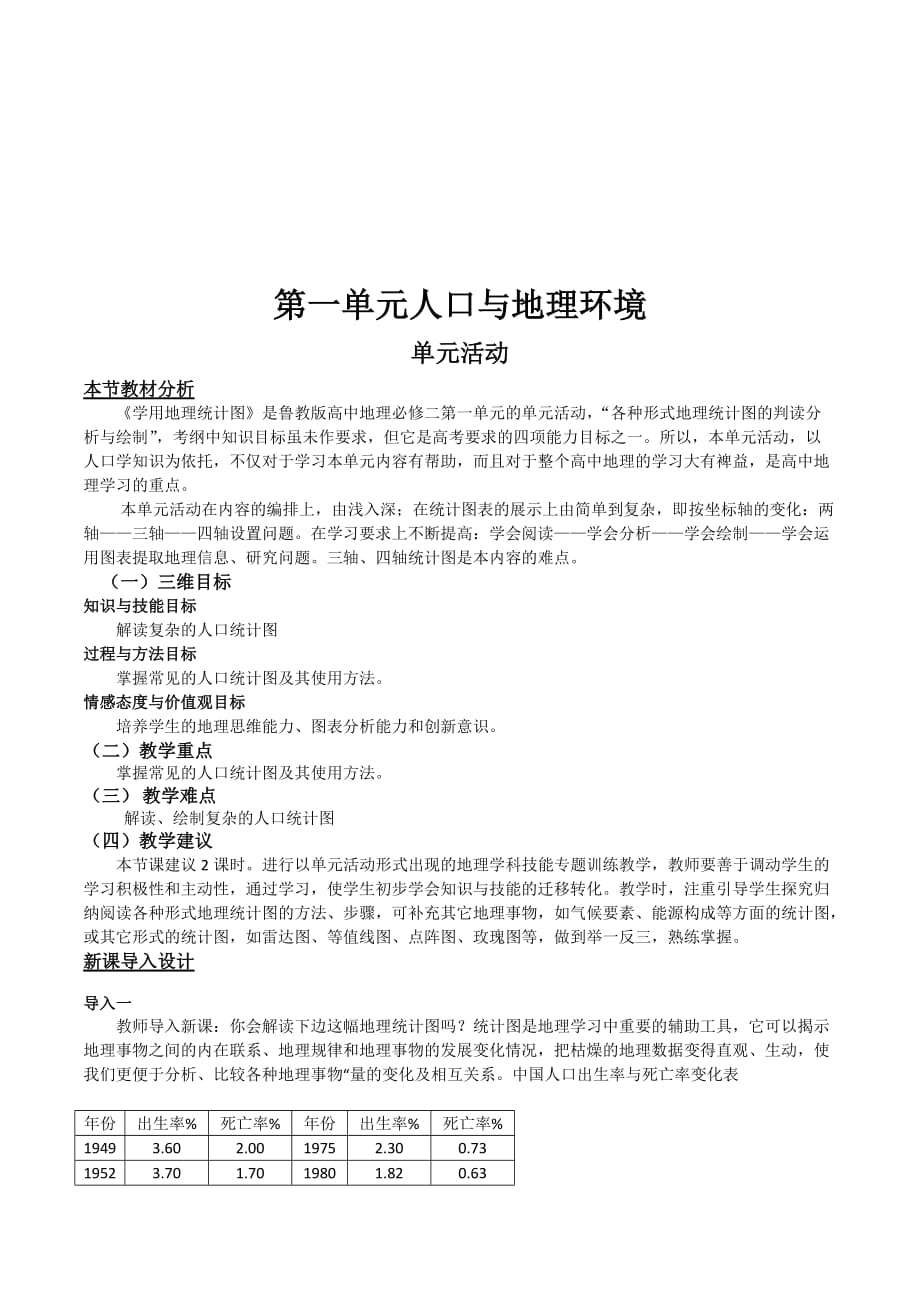 高一地理鲁教版必修2教材分析与导入设计：第1单元单元活动 学用地理统计图 Word版含解析.doc_第1页