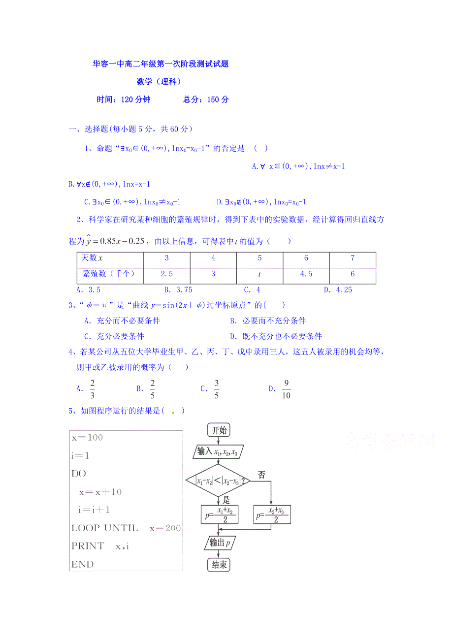 湖南省岳阳市华容县高二10月月考数学（理）试题 Word版含答案.docx_第1页