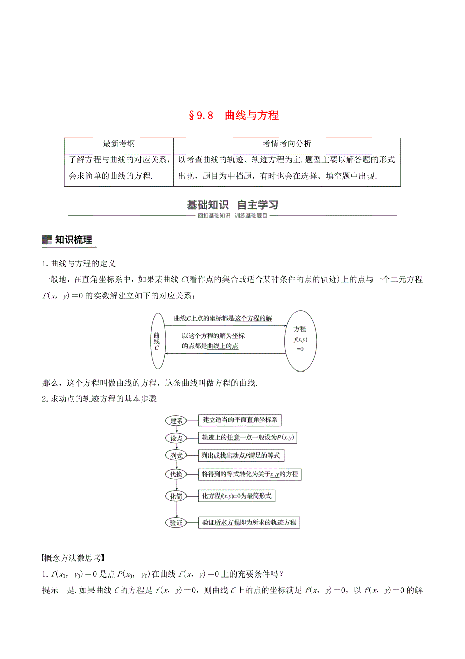 （浙江专用）高考数学新增分大一轮复习第九章平面解析几何9.8曲线与方程讲义（含解析）.doc_第1页