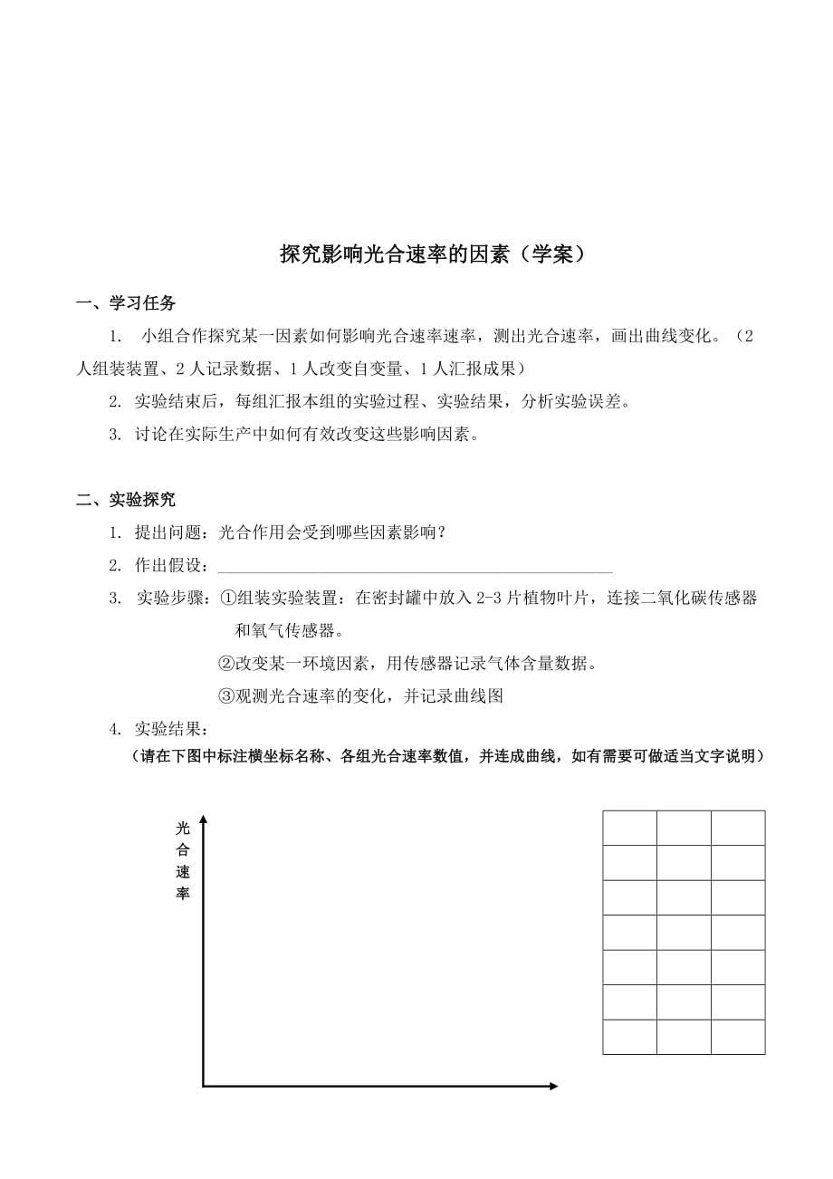 浙江省高一生物学案：必修一 实验 探究影响光合速率的因素.doc_第1页