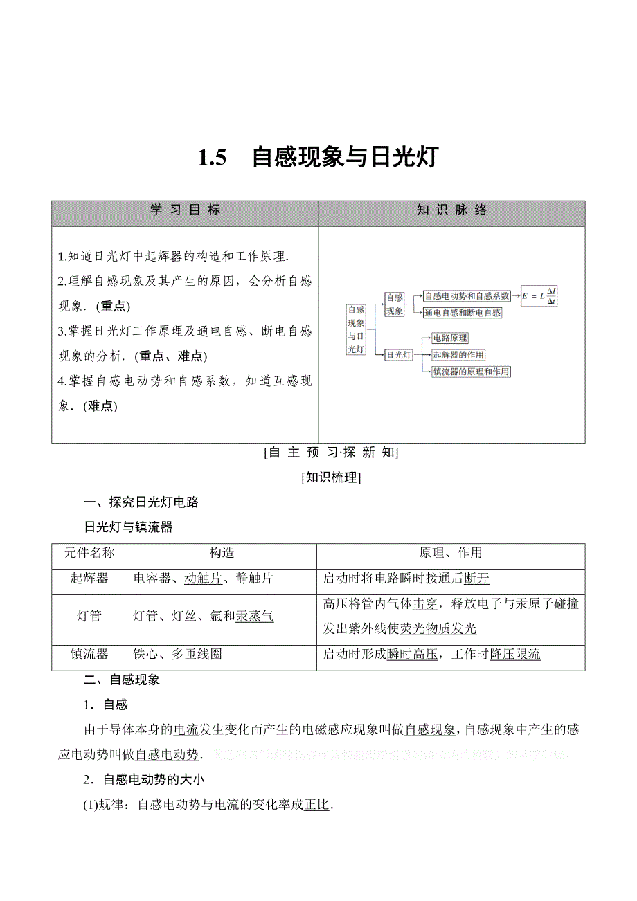 高中物理（沪科）选修3-2学案：第1章 1.5　自感现象与日光灯 Word版含答案.doc_第1页