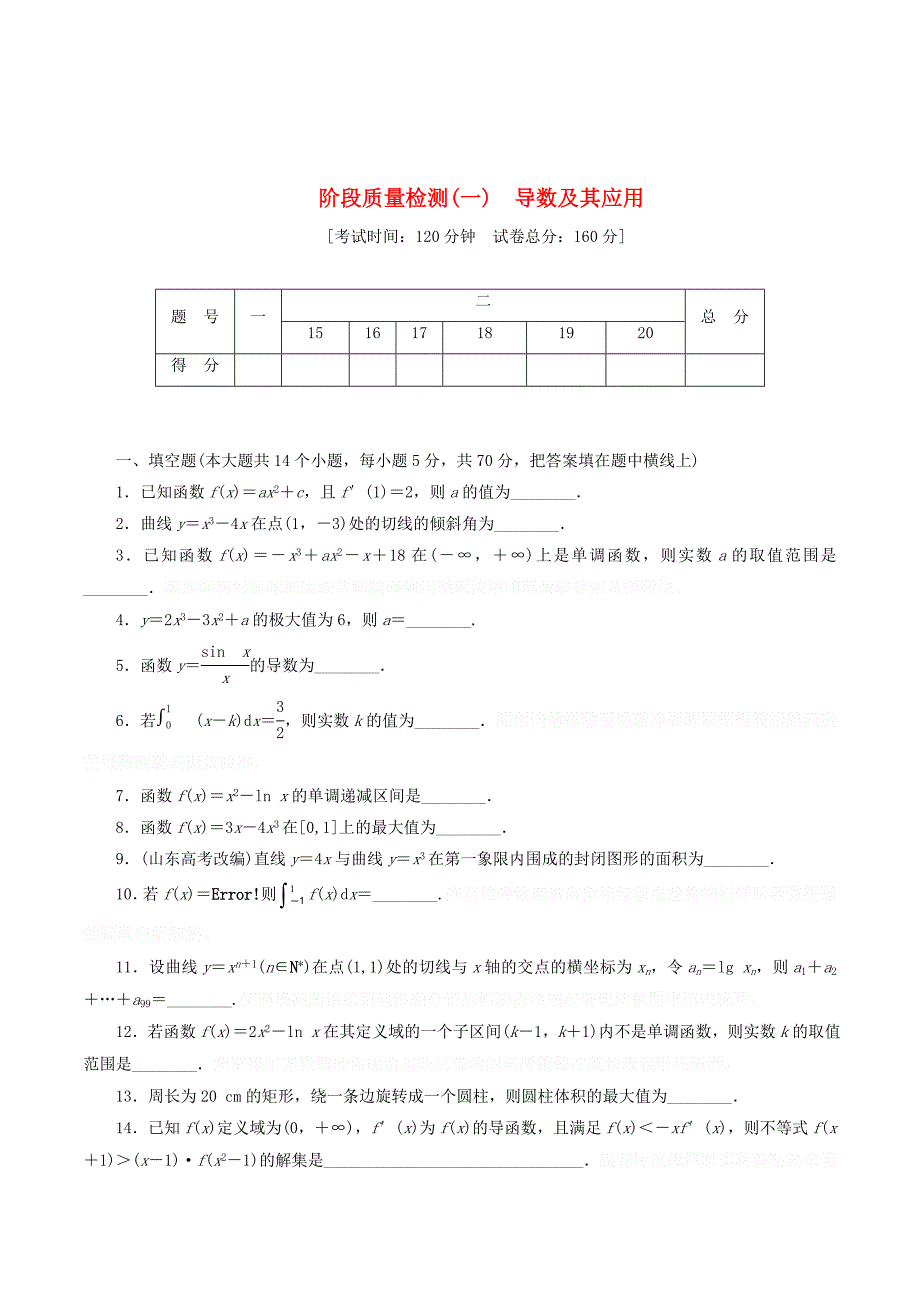 高中数学阶段质量检测（一）导数及其应用（含解析）苏教版选修2_2.doc_第1页