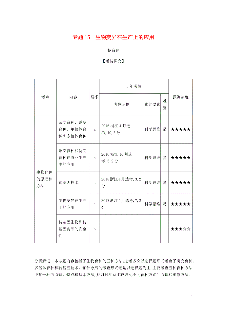 5年高考3年模拟A浙江省高考生物总复习专题15生物变异在生产上的应用教师用书.docx_第1页