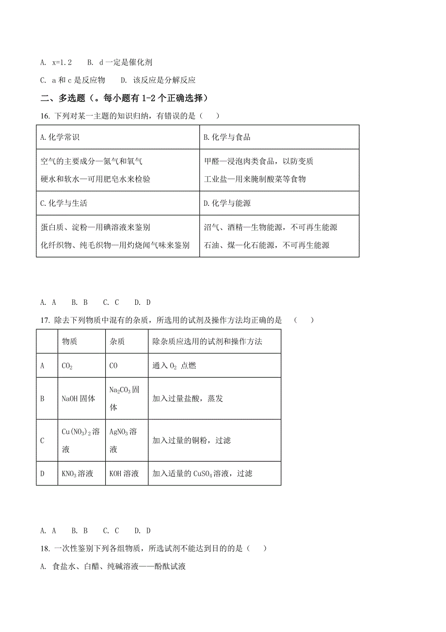 精品解析：黑龙江省鸡西市田家炳中学九年级下化学模拟试卷（原卷版）.doc_第4页